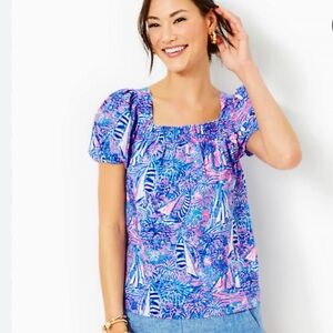 Lilly Pulitzer Size 0 Keating Short Sleeve Linen Top Smocked Square Neck Lagoon